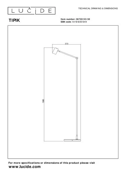 Lucide TIPIK - Lampadaire Rechargeable - Batterie/Piles - LED 3 StepDim - 1x3W 2700K - Noir - technique